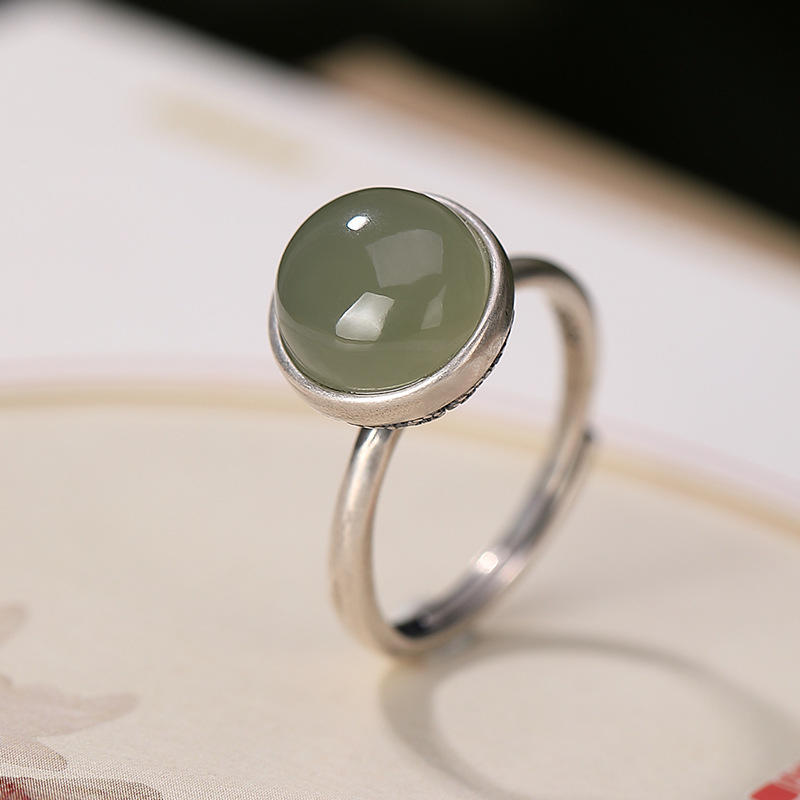 s925纯银和田青玉女士款戒指复古哑光个性镂空圆形开口指环 cw210-11