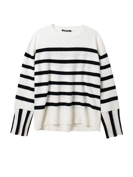 女士2021新款纯山羊绒单股平纹拼色条纹圆领套头衫 商品图4