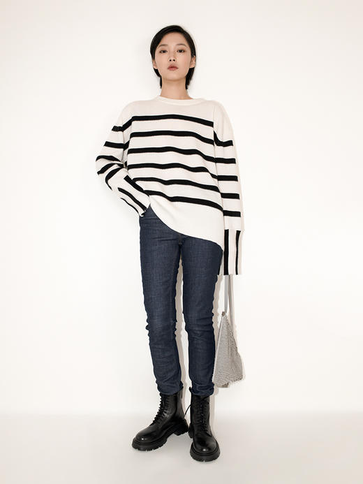 女士2021新款纯山羊绒单股平纹拼色条纹圆领套头衫 商品图1