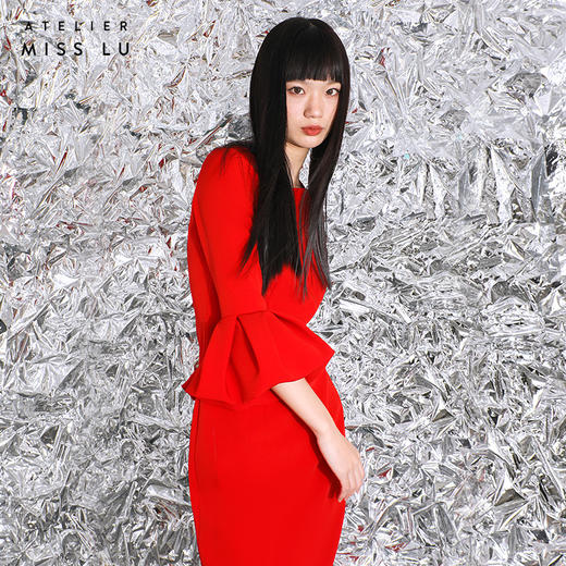 【Madeline 】红色钟形袖肩部挖剪连身裙/ 0000204 商品图2