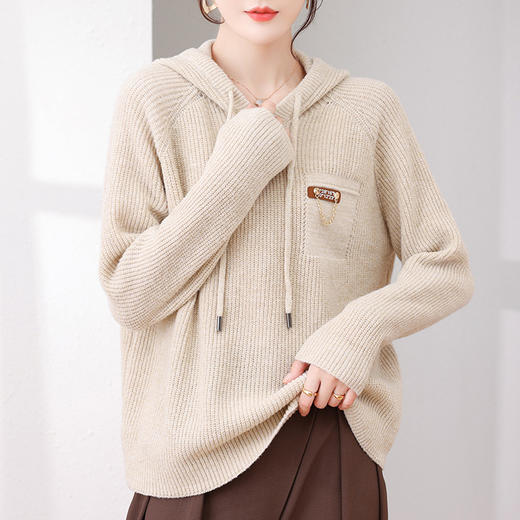 YY- 6-5825 慵懒风毛衣女宽松外穿2021年秋冬季新款含亮丝洋气休闲连帽针织衫 商品图0