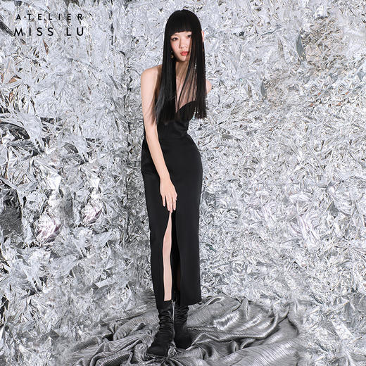 【Adela】 光泽黑开叉抹胸长礼服/0000034 商品图1