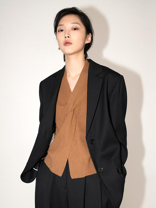 女士2021新款纯山羊绒单股平纹交叉门襟假式V领开衫 商品图0