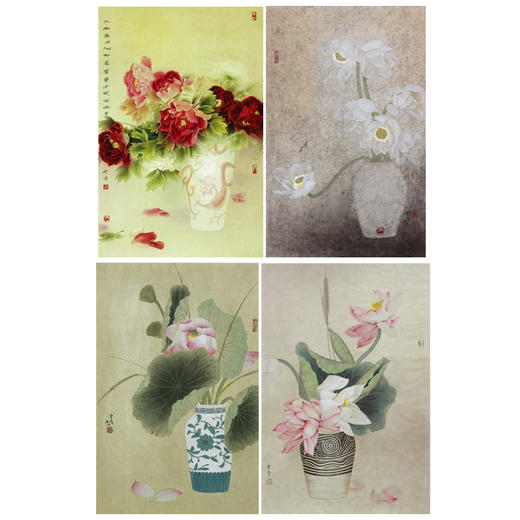 龚雪青工笔画白描底稿荷花花瓶一套四幅初学者尺寸42*66厘米TG05 商品图0