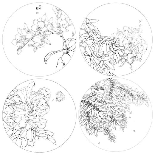 李晓明工笔花鸟画白描底稿牡丹蝴蝶一套四幅册页初学者尺寸40×40厘米TW03 商品图1