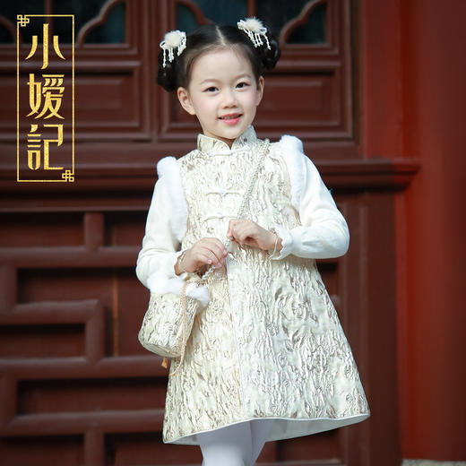 pureshare蓬纱馆 女童拜年礼服中国风宝宝连衣裙保暖冬装绣花洋气-金丝玫瑰毛领年服 商品图3