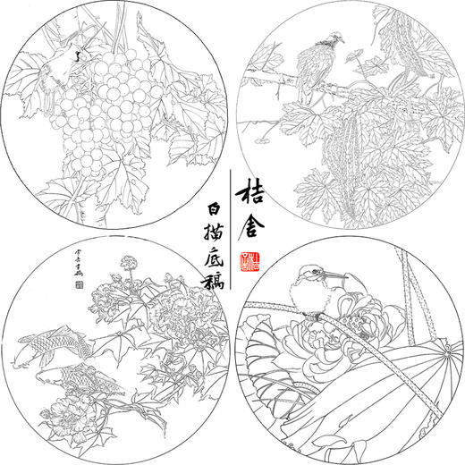 龚雪青工笔画白描底稿葡萄鲤鱼一套四张初学者尺寸42*42厘米TG03 商品图1
