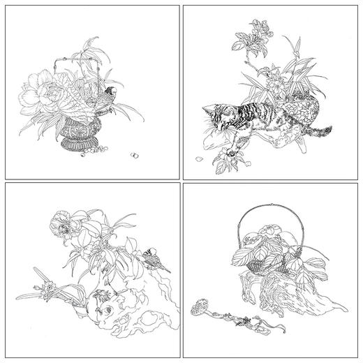 王震工笔花鸟画白描底稿桃花牡丹小品一套四幅册页原大42×42厘米花鸟线稿TA03 商品图1