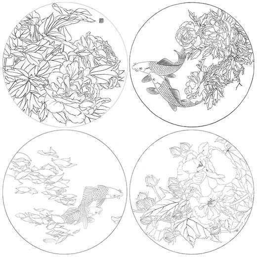 龚雪青工笔画白描底稿鲤鱼牡丹一套四幅初学者尺寸40×40厘米TG01 商品图1