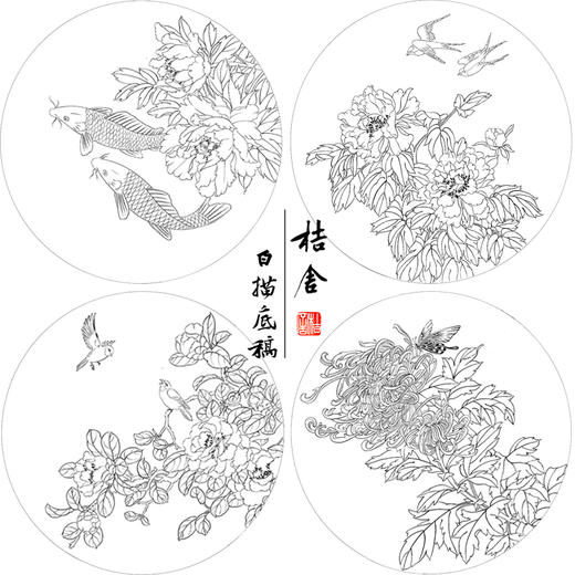 潘磊工笔画白描底稿鲤鱼牡丹一套四幅初学者尺寸42*42厘米TL02 商品图1