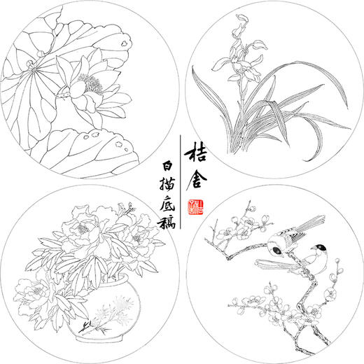 戴青池工笔画白描底稿荷花牡丹一套四幅初学者尺寸35×35厘米TD01 商品图1