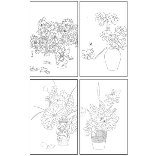 龚雪青工笔画白描底稿荷花花瓶一套四幅初学者尺寸42*66厘米TG05 商品图1