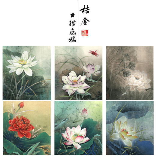 李晓明工笔花鸟画白描底稿荷花一套六幅册页尺寸35×40厘米花鸟线稿KF26 商品图0