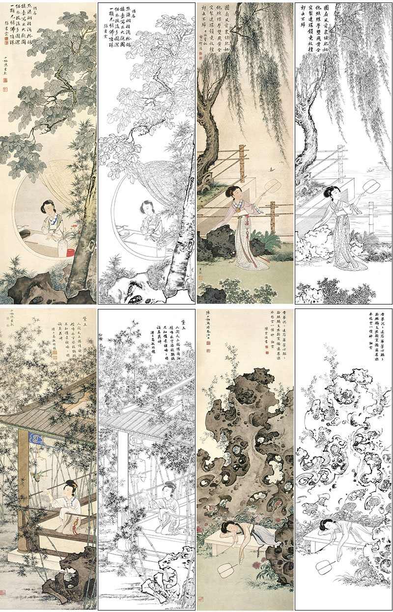 陈少梅工笔传统仕女人物画白描底稿金陵十二钗一套十二幅册页尺寸35