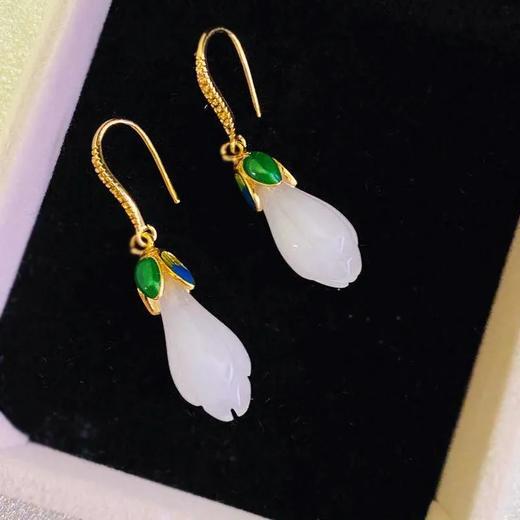 S925银镶嵌玉兰花耳环女白玉玉石景泰蓝耳坠耳饰耳钩 商品图1