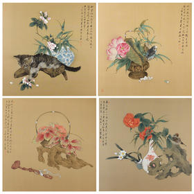 王震工笔花鸟画白描底稿桃花牡丹小品一套四幅册页原大42×42厘米花鸟线稿TA03