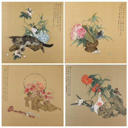王震工笔花鸟画白描底稿桃花牡丹小品一套四幅册页原大42×42厘米花鸟线稿TA03 商品图0