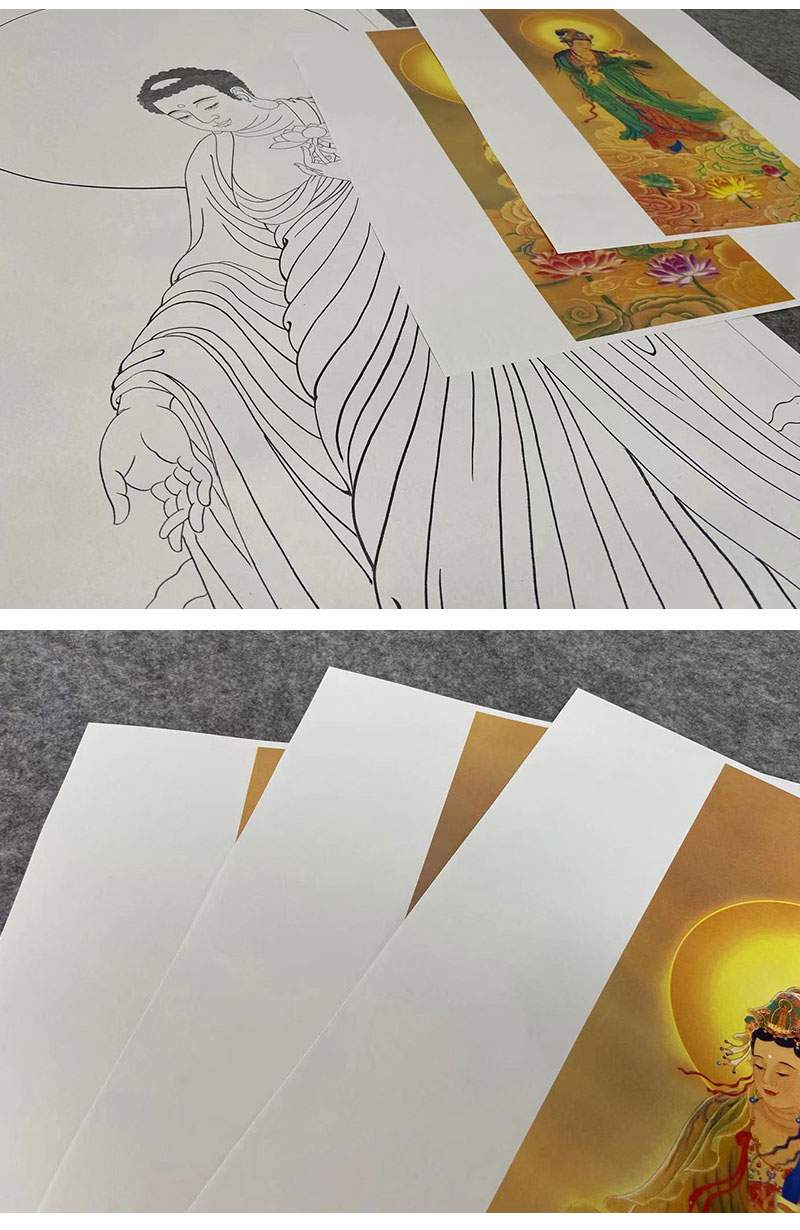工笔人物画白描底稿西方三圣一套三幅册页-观音佛像菩萨-初学者尺寸40