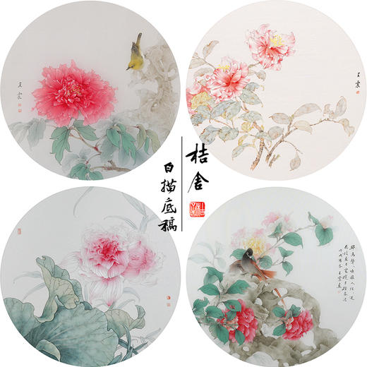 王震工笔花鸟画白描底稿牡丹翠鸟小品一套四幅册页初学者尺寸42×42厘米TA04 商品图0