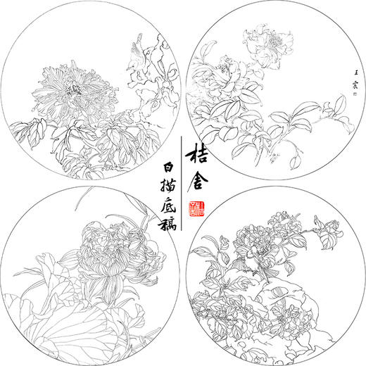王震工笔花鸟画白描底稿牡丹翠鸟小品一套四幅册页初学者尺寸42×42厘米TA04 商品图1
