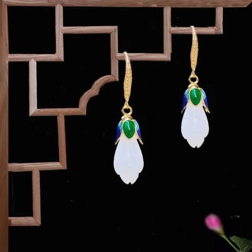 S925银镶嵌玉兰花耳环女白玉玉石景泰蓝耳坠耳饰耳钩 商品图2