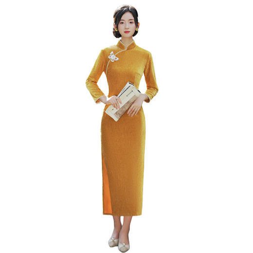 TX9180秋冬加厚雪丝绒少女长款旗袍连衣裙 商品图7