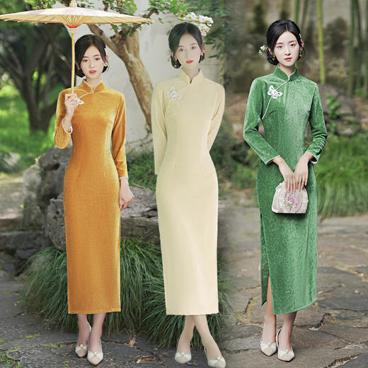 TX9180秋冬加厚雪丝绒少女长款旗袍连衣裙 商品图0