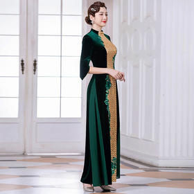 DLQ-A3137新款高端优雅气质修身立领七分袖长款丝绒绣花礼服裙