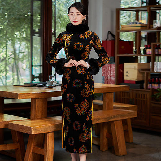 上海旗袍厂BJ-21100秋冬新款韩国绒长款毛领旗袍 复古修身改良旗袍连衣裙 商品图2