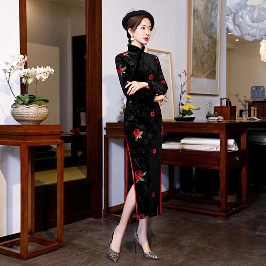 上海旗袍厂BJ-19347秋冬新款韩国绒长款加厚少女旗袍裙 修身显瘦改良旗袍连衣裙 商品图5