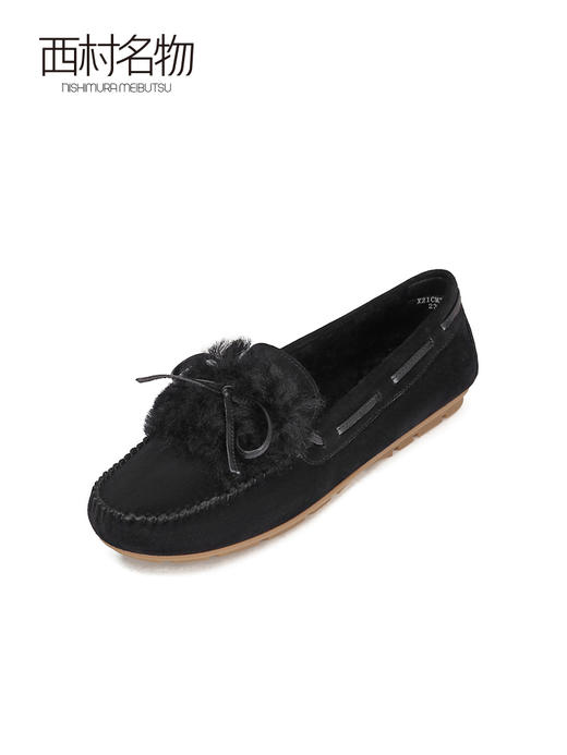 西村名物22年秋冬季新款舒适一脚蹬加绒保暖羊皮磨砂豆豆鞋女36331 商品图1