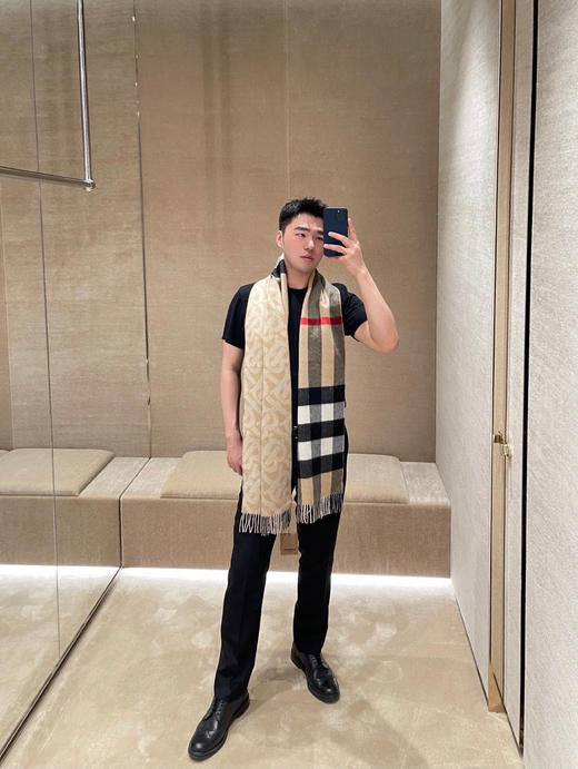 BBR格纹字母双面围巾-驼色 商品图1