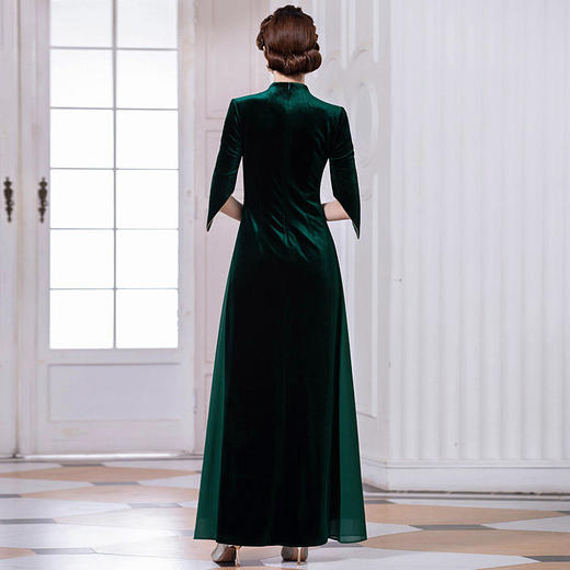 DLQ-A3137新款高端优雅气质修身立领七分袖长款丝绒绣花礼服裙 商品图2