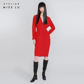 【沦陷】立裁垂褶V领收腰长袖连衣裙/0000749R