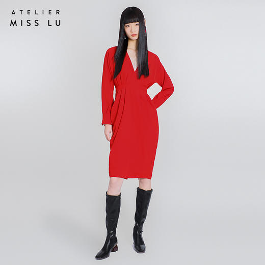 【沦陷】立裁垂褶V领收腰长袖连衣裙/0000749R 商品图0