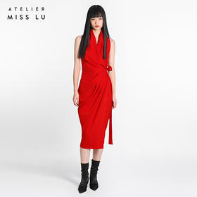 【潘思帕国王】立裁垂褶腰间系带裹身连衣裙/0000703R