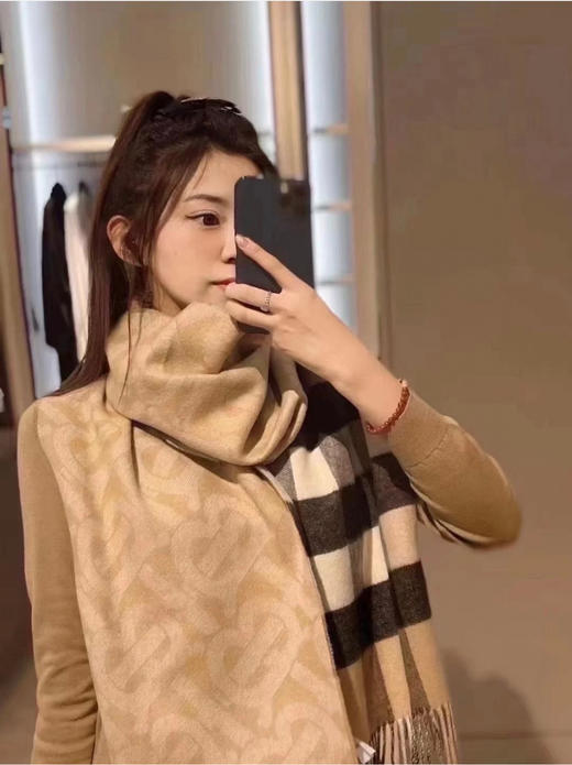 BBR格纹字母双面围巾-驼色 商品图0