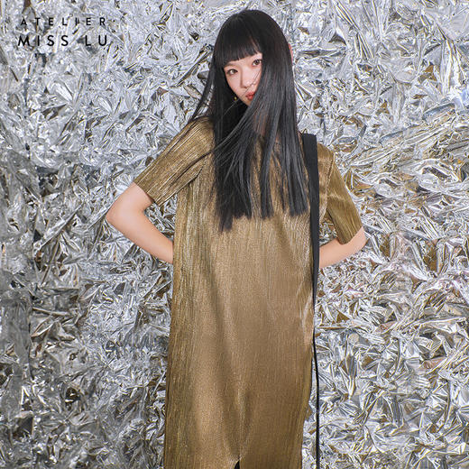 【一千零一夜】蝴蝶结飘带设计金属感开衩H形长款连衣裙/0000780 商品图2