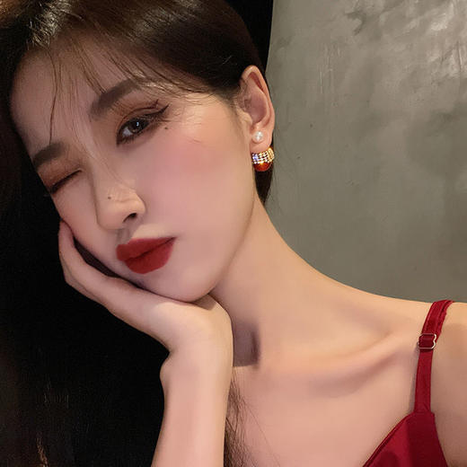 新年耳环女酒红色车厘子耳钉樱桃镶钻银针耳饰品 商品图1