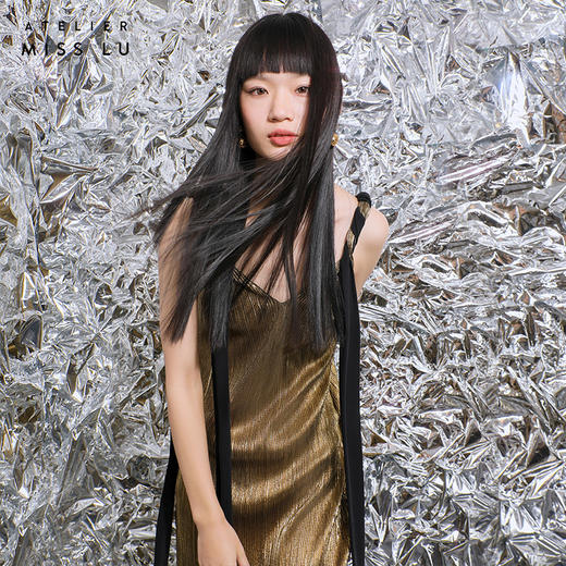 【浮华梦】肩部交织飘带金属感大V领长款连衣裙/0000786 商品图2