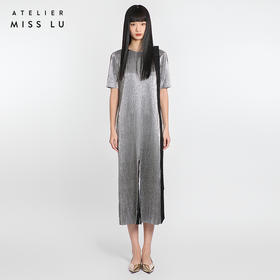 【一千零一夜】蝴蝶结飘带设计金属感开衩H形长款连衣裙/0000780A