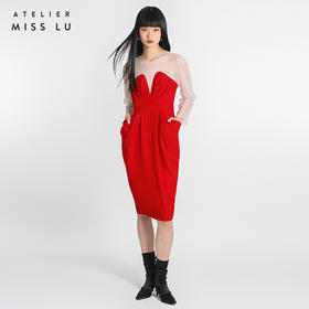 【绽放夜】立裁垂褶纱袖收腰连衣裙/0000763R