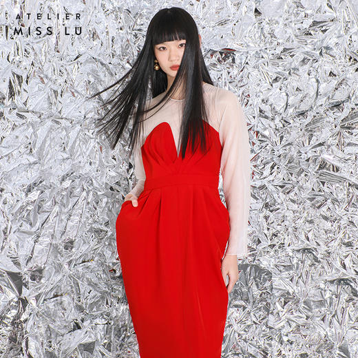 【绽放夜】立裁垂褶纱袖收腰连衣裙/0000763R 商品图1