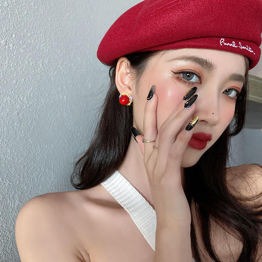 新年耳环女酒红色车厘子耳钉樱桃镶钻银针耳饰品 商品图5