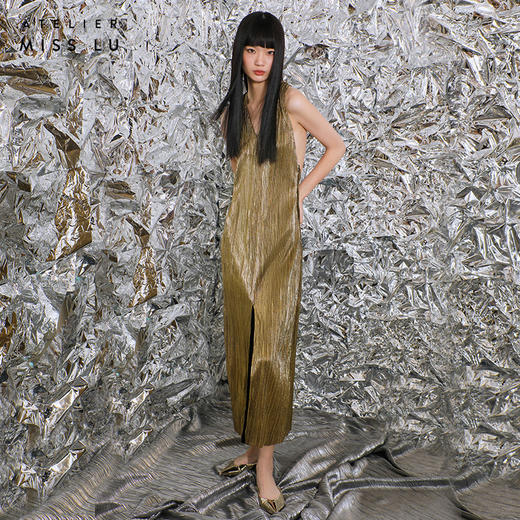 【星烁银河】露背交织飘带金属感开衩长款连衣裙/0000781 商品图1