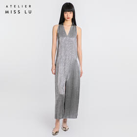 【星烁银河】露背交织飘带金属感开衩长款连衣裙/0000781A