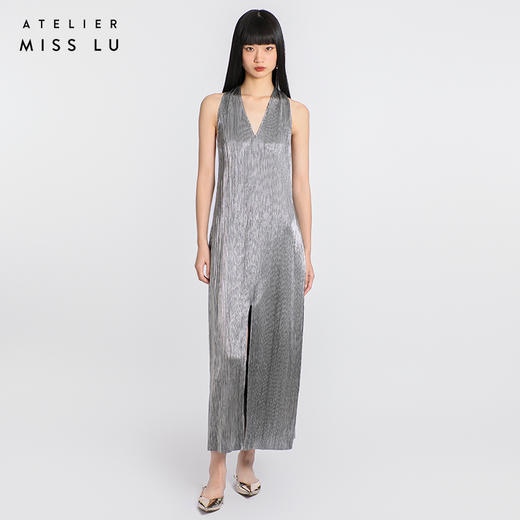 【星烁银河】露背交织飘带金属感开衩长款连衣裙/0000781A 商品图0