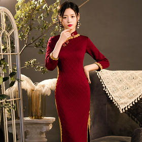 YG-0098秋冬加厚针织提花旗袍连衣裙 日常宴会礼服旗袍年轻款