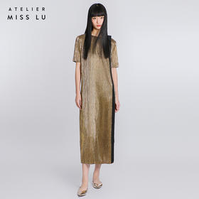 【一千零一夜】蝴蝶结飘带设计金属感开衩H形长款连衣裙/0000780