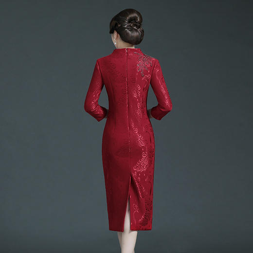 上海旗袍厂WD-WZ340长袖妈妈礼服酒红色喜婆婆婚庆服2021年新款加绒加厚冬季旗袍裙冬 商品图1